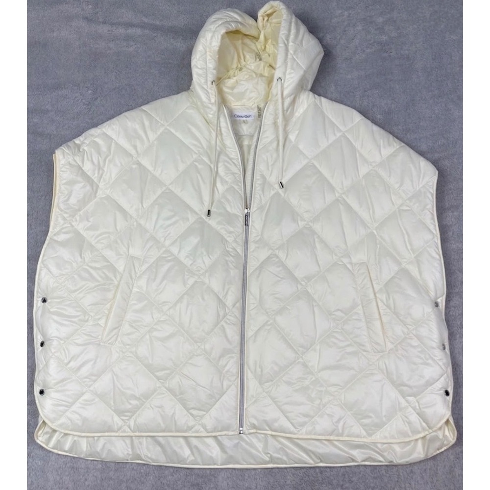 Calvin Klein Womens Diamond Quilted Puffer Vest Cape Poncho Hooded Cream White M